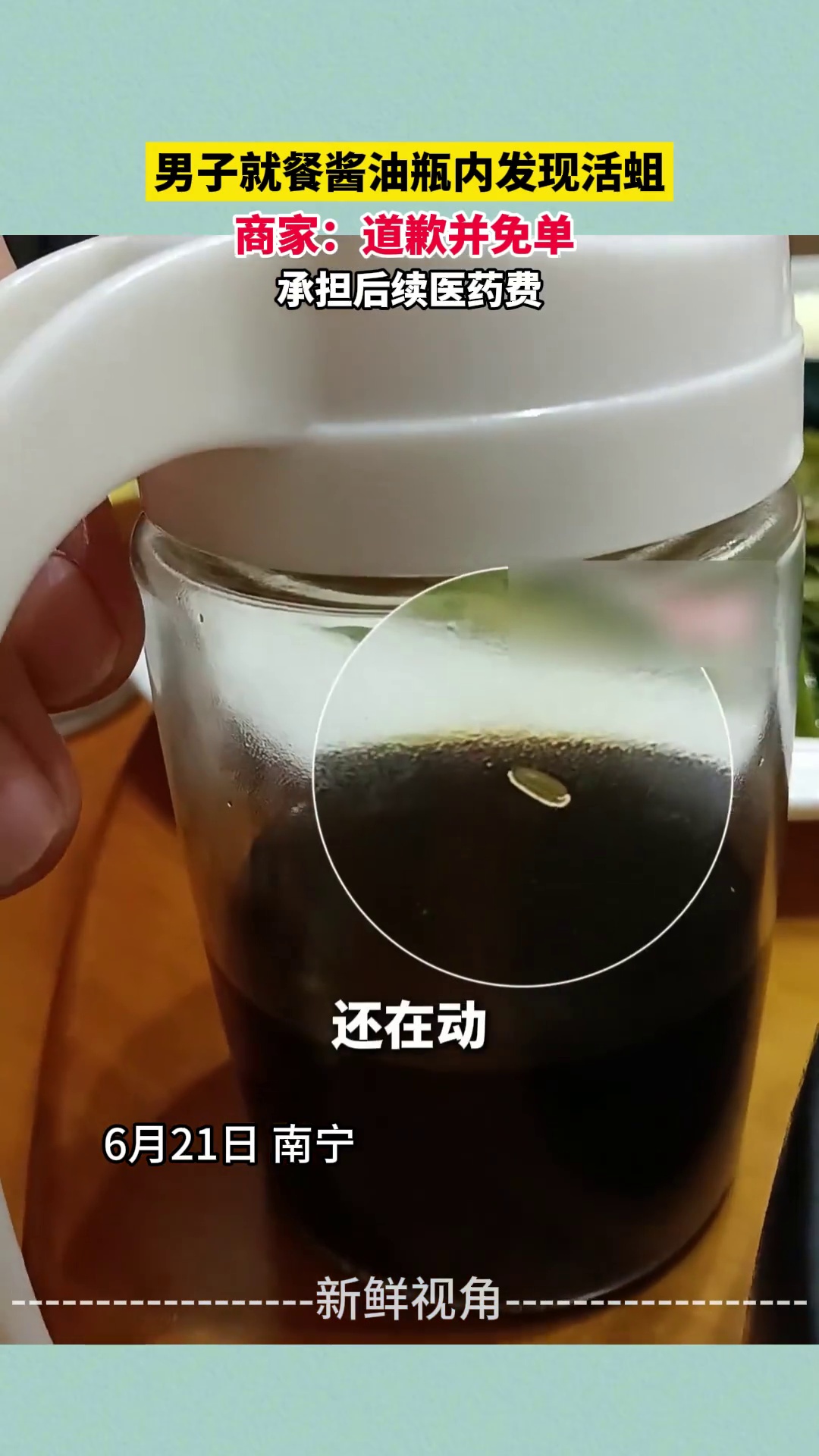 男子就餐酱油瓶内发现活蛆 商家：道歉并免单 承担后续医药费