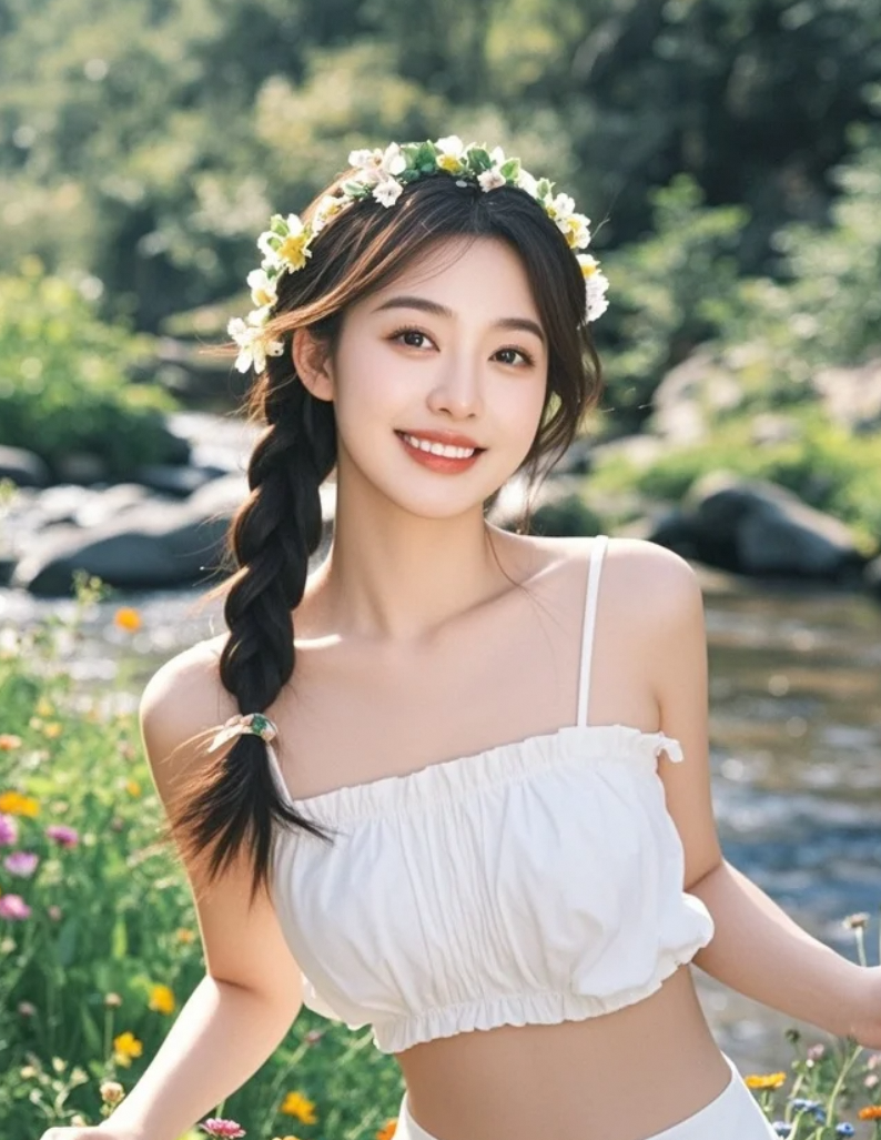 溪边静坐，她的眼神里藏着星辰大海！