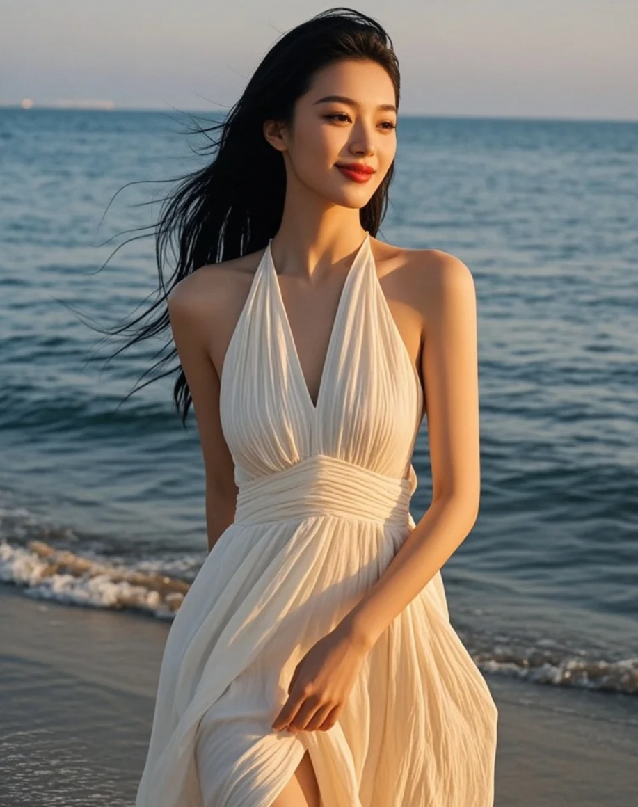 她背对熔金海面，身影融入渐暗天际