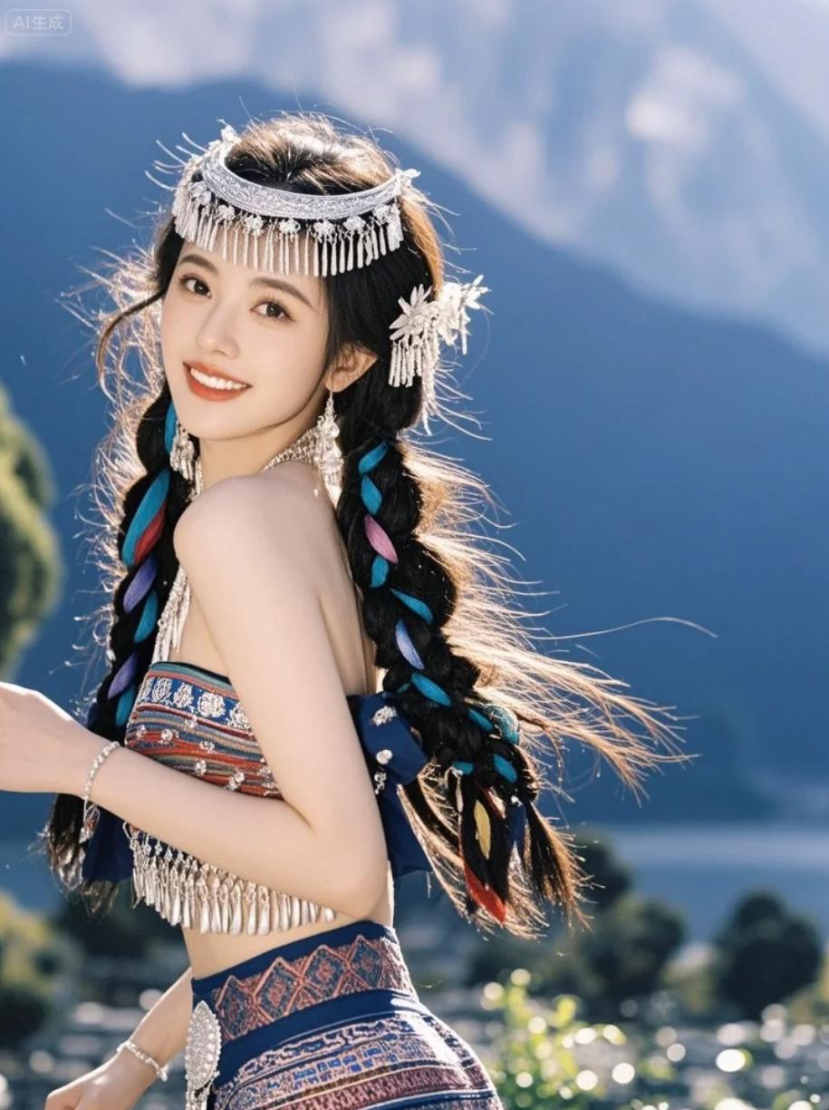 哈尼姑娘指着天空的风筝：“快拍！它飞进云里了！”