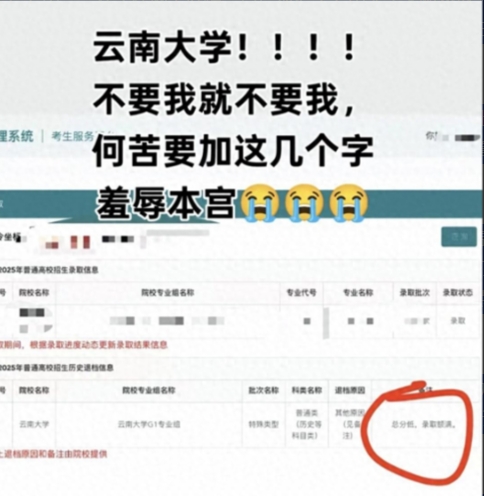 太玻璃心了吧！云南，一女生在网上吐槽，自己报考了云南大学未被录取，可退档就算了，