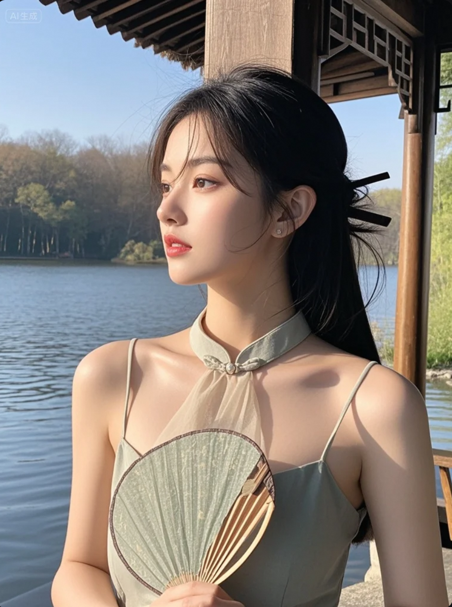 她站在湖边，像一场未醒的梦