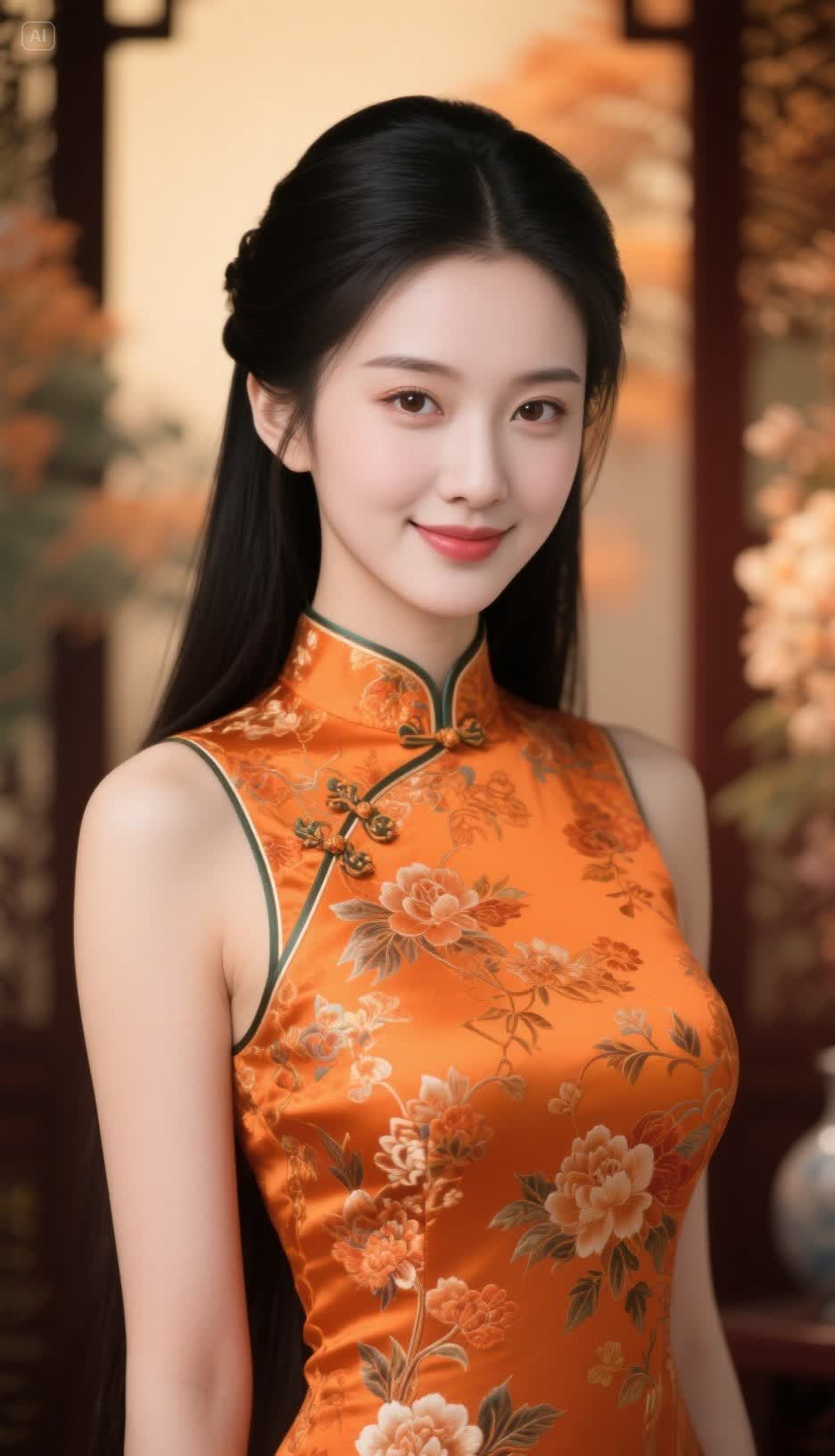 一袭橙韵旗袍，绽露东方雅韵。精致盘扣似锁住时光的秘钥，花卉纹样晕染着岁月柔情。于