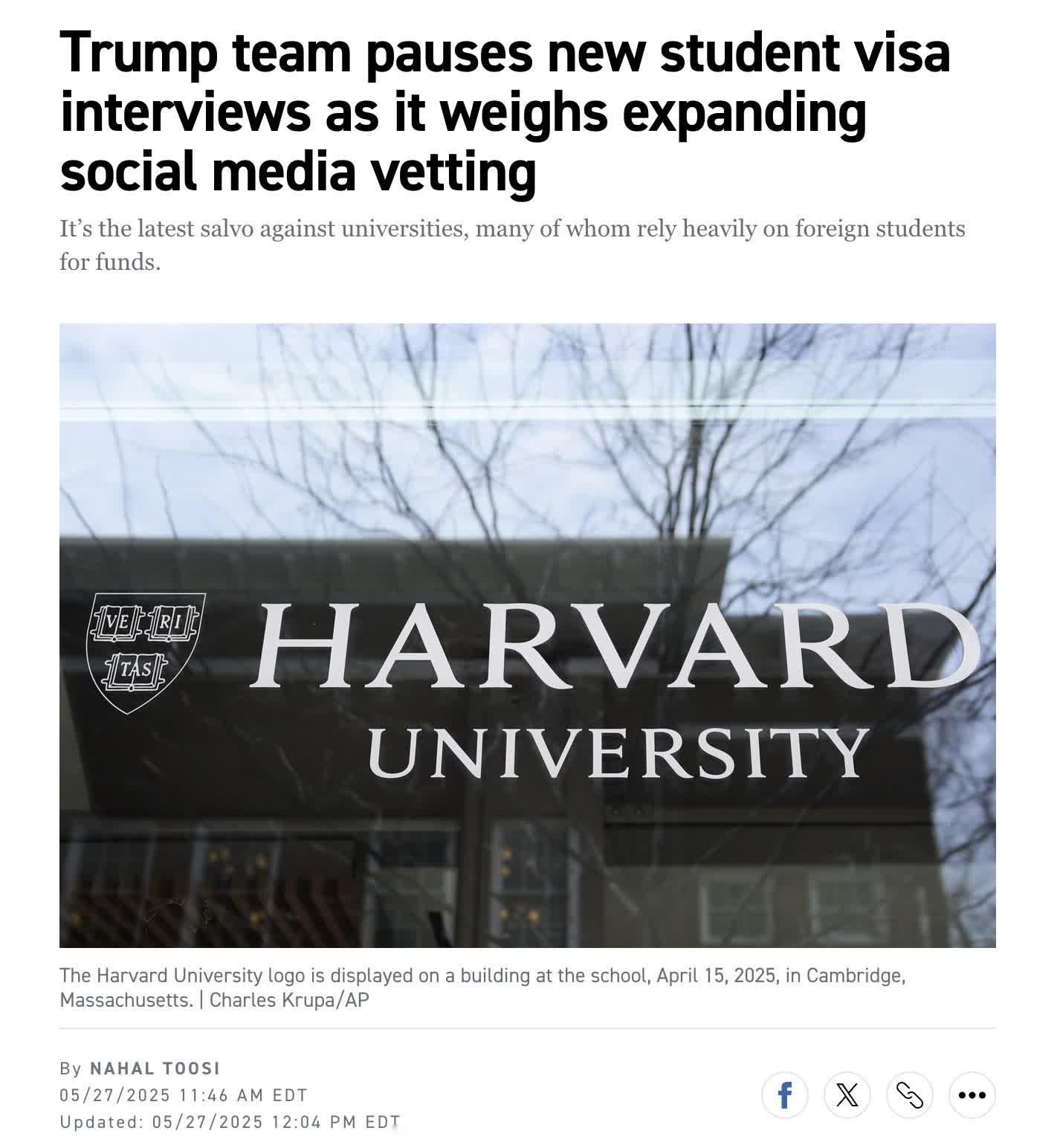 Politico:  川普政府正在考虑要求所有申请赴美留学的外国学生接受社交媒体