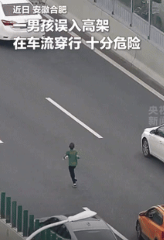 “火到央视了！”安徽合肥，一10岁男孩不小心闯入高架桥，独自奔跑在车流中非常危险