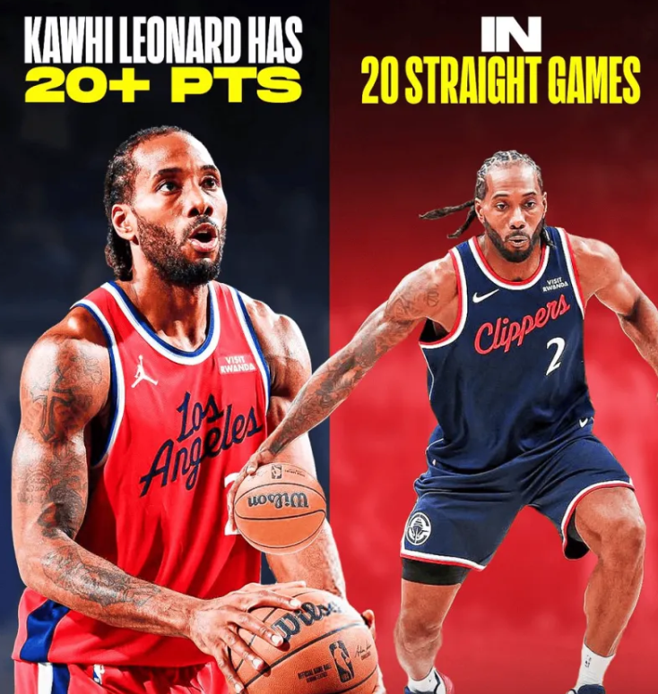 科怀-伦纳德目前正处在火热状态中。
连续20场比赛得分20+？这展现了纯粹的稳定