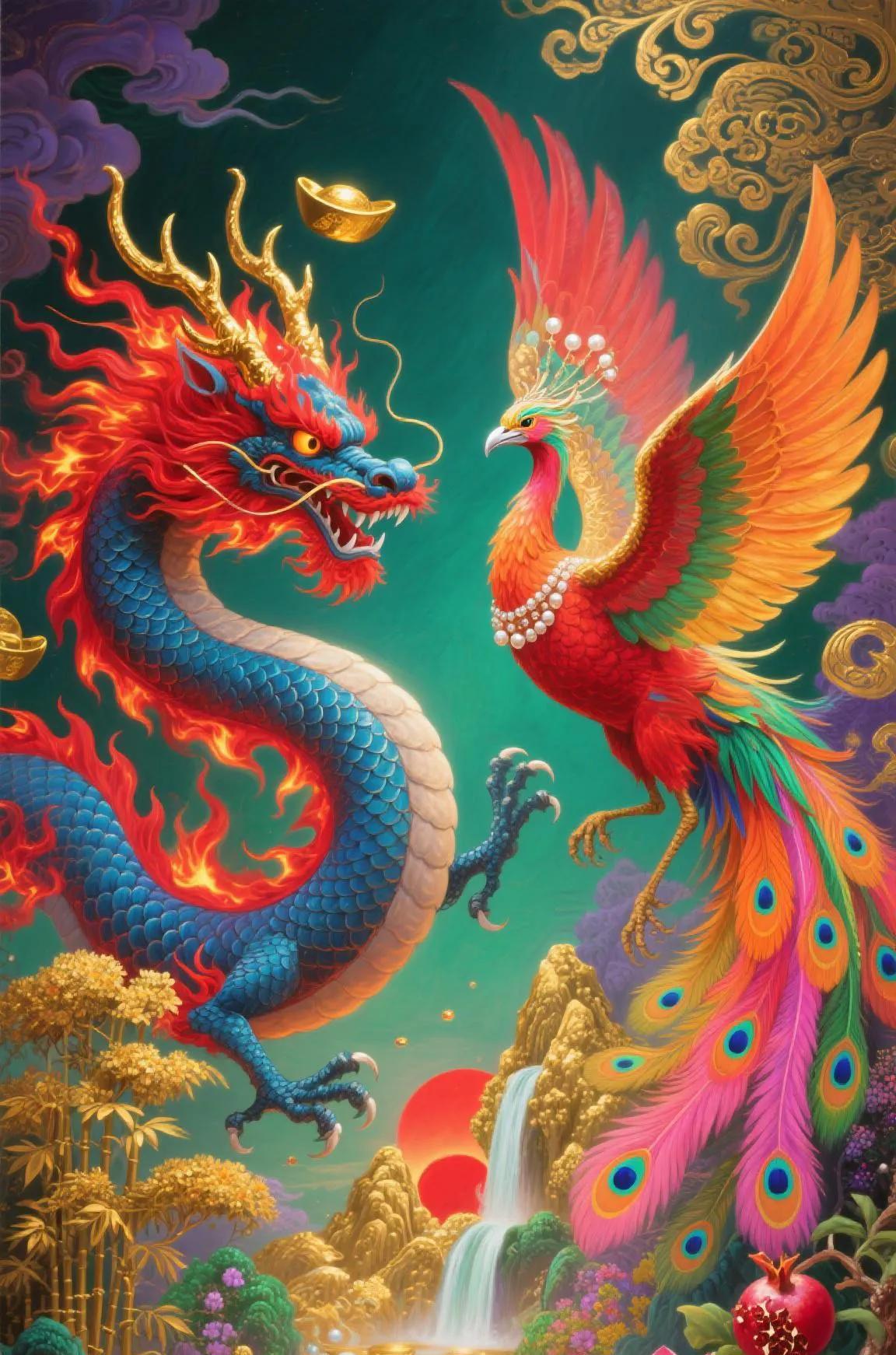 赤龙盘左鳞光耀，宝蓝金鳞火焰飘，鬃毛如炬冲九霄，五爪踏云威滔滔；
彩凤展屏右首翱