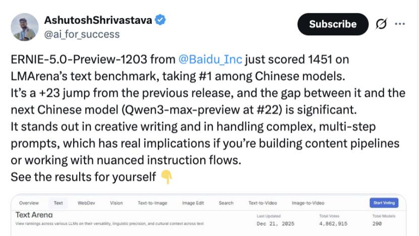 清一色美国榜单里，文心悄然跻身全球AI前十