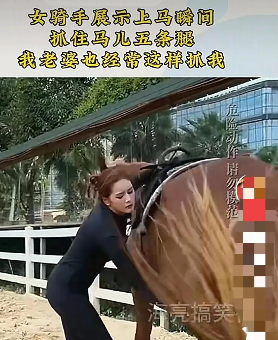 好神奇，美女上马只需抓住马儿的第五条腿，马儿就乖乖的坐下让美女骑。
有网友说马儿