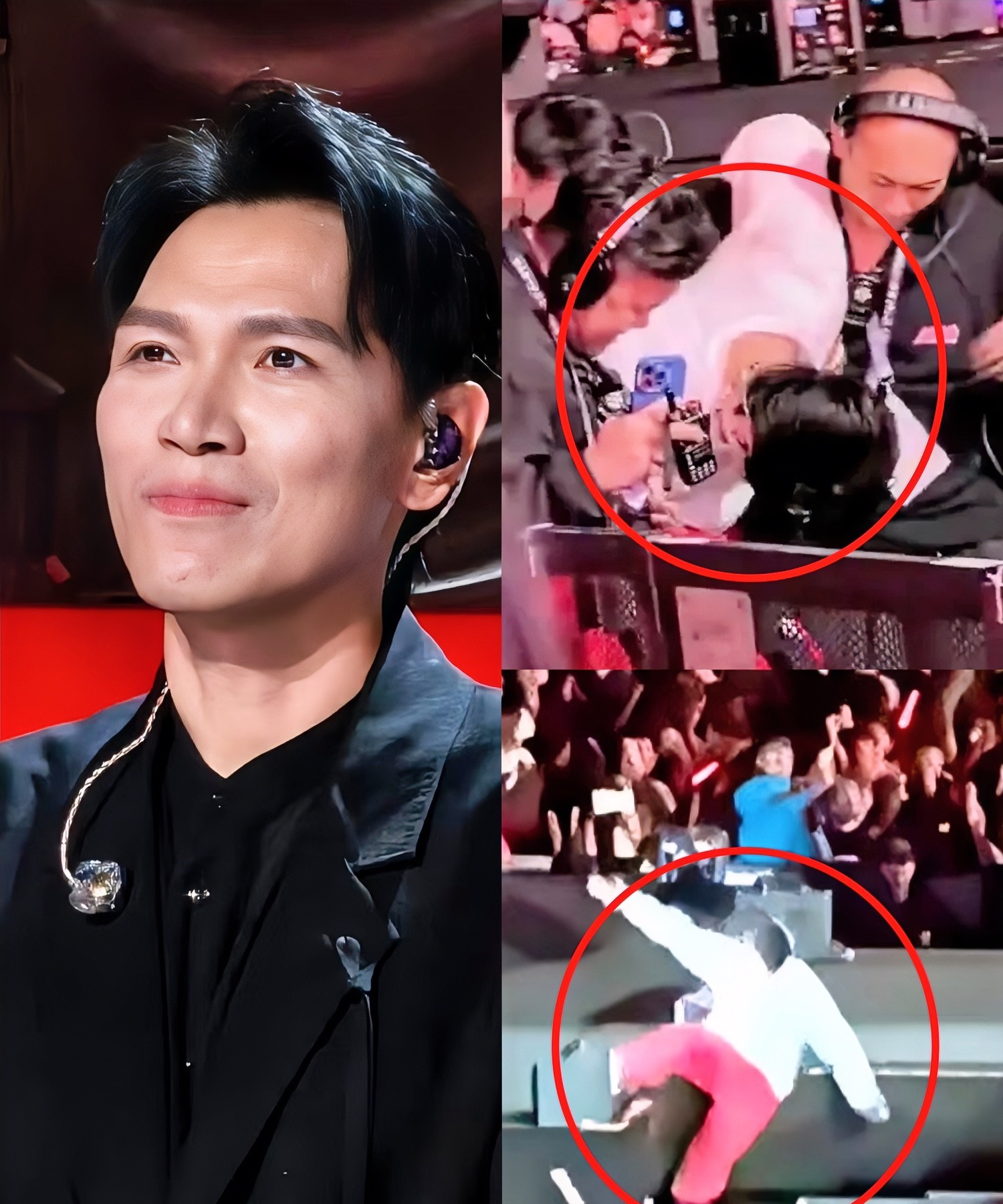 杨宗纬，你也太倒霉了，
歌唱到一半，砰的一声，他踩空了，摔下2米高的舞台。
