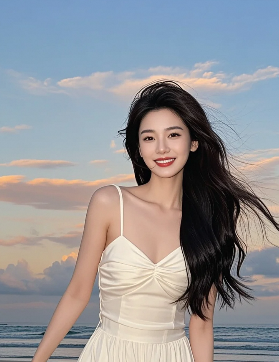 白裙掠过沙滩，留下风驰电掣的痕迹