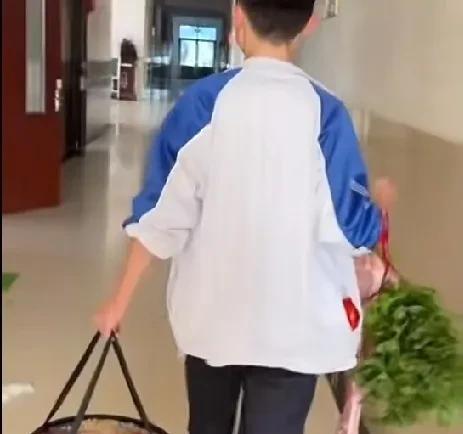 6月24日，山东烟台一男孩在中考结束后，提着芹菜和肉，还有一篮子水果送给姑姑，感