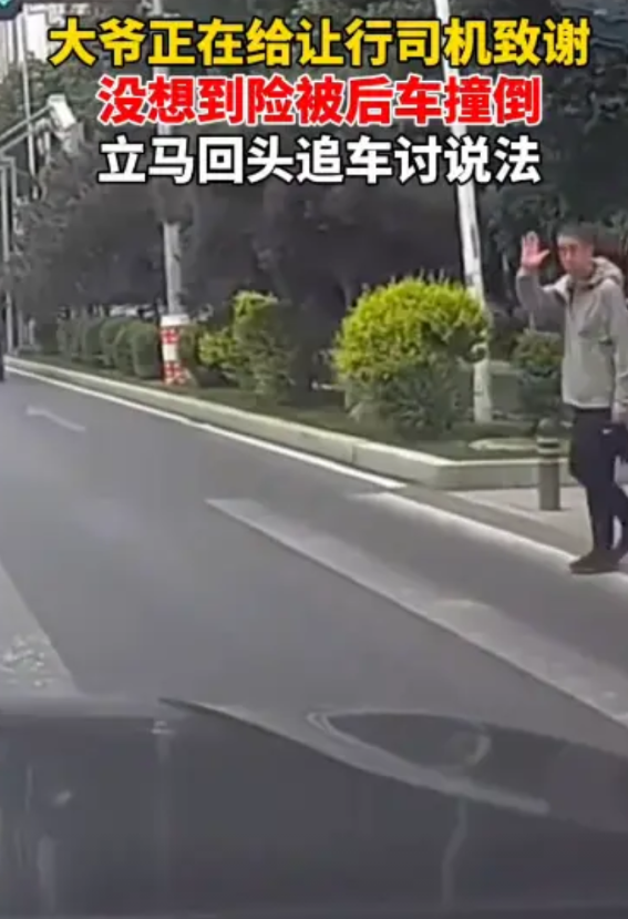 “防不胜防！”6月1日，辽宁沈阳，一大爷在过马路时，遇到黑色轿车主动让行，大爷立