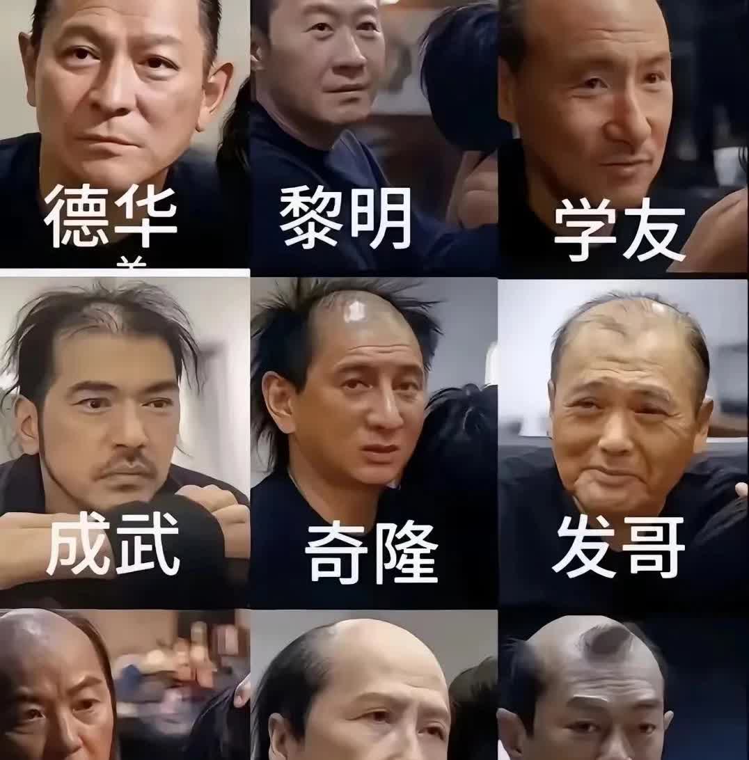 离开了浓密的头发，这些老帅男怎么都不帅了，最好看的应该是刘德华，不受发型的连累和