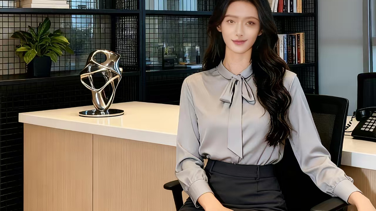 职业商务穿搭，浅灰色长袖衬衫配深灰色短裙