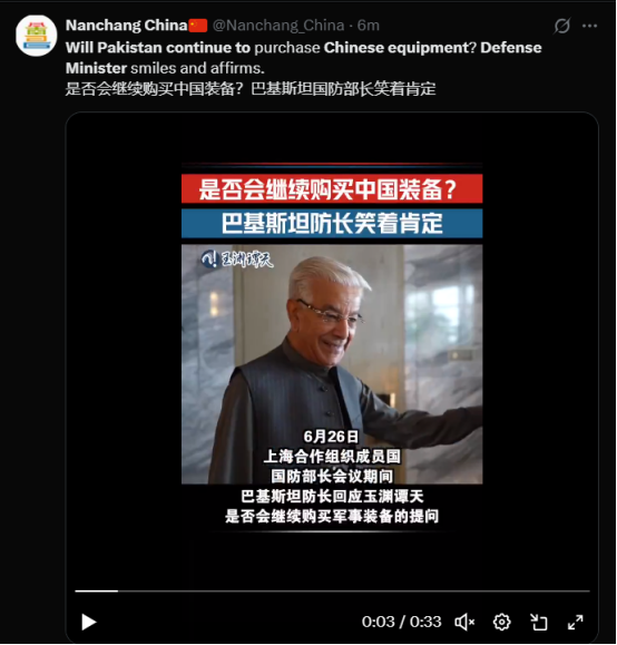 在参加上合组织防长会议，并参观了中国海军052D型导弹驱逐舰后，巴基斯坦防长阿西