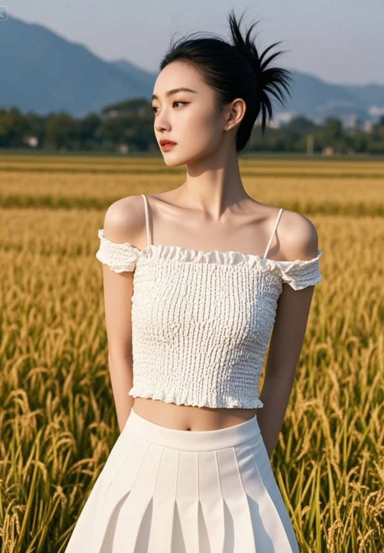 风吹稻浪，也吹动她裙角，卷起一季的丰饶梦境。
