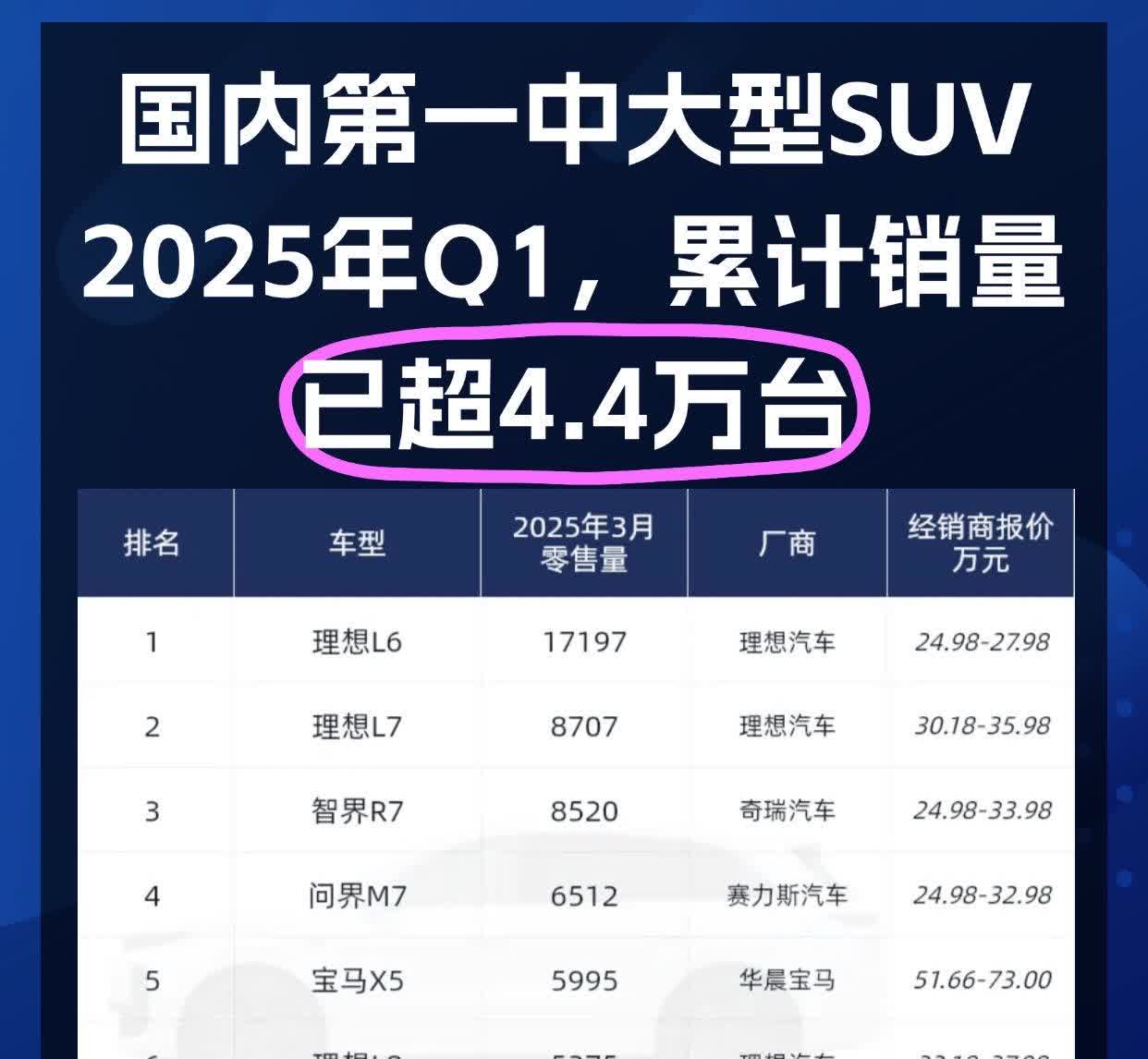 国内第一中大型SUV排名出炉，有你喜欢？国内第一中大型SUV
2025年Q1，