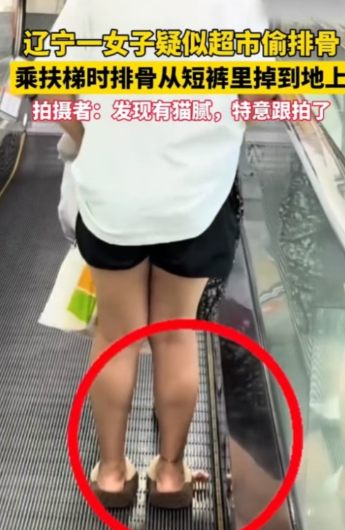 辽宁，一女子在超市购物时起了贪念，偷拿排骨塞进裤腿，不料排骨掉出被顾客拍下。顾客