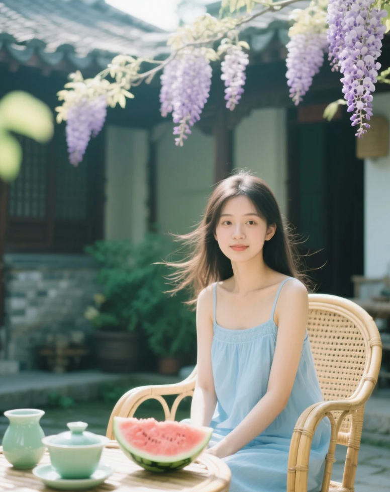 藤椅轻摇时光慢，院子里的少女与盛夏光年