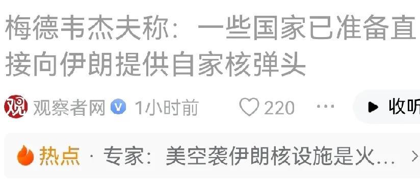 向伊朗提供核弹头。梅德韦杰夫说谁呢？谁向伊朗提供啊。有成效的核弹头的就那么几个国
