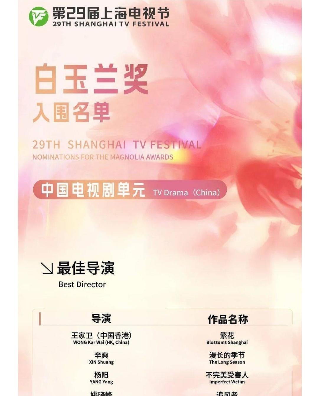 白玉兰入围一揭榜，《繁花》直接杀疯！9提领跑，连“宝总”胡歌都五刷提名，女主唐嫣