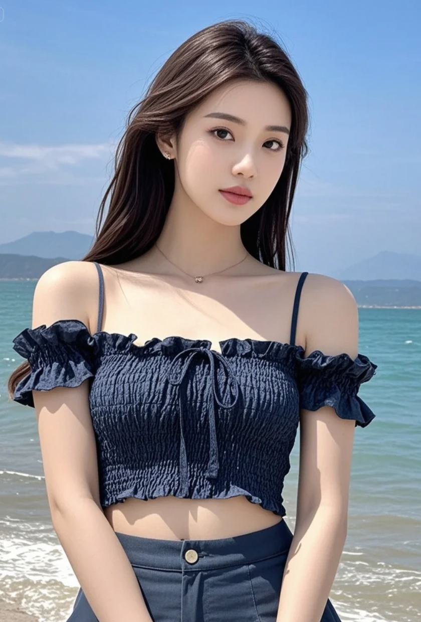 她轻抚礁石，感受大海的脉动