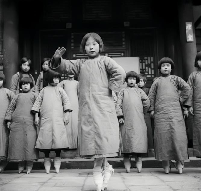 1931年，天津，一群戏班小学徒们正在练习“跷功”，她们在脚上绑上了木质小脚，模