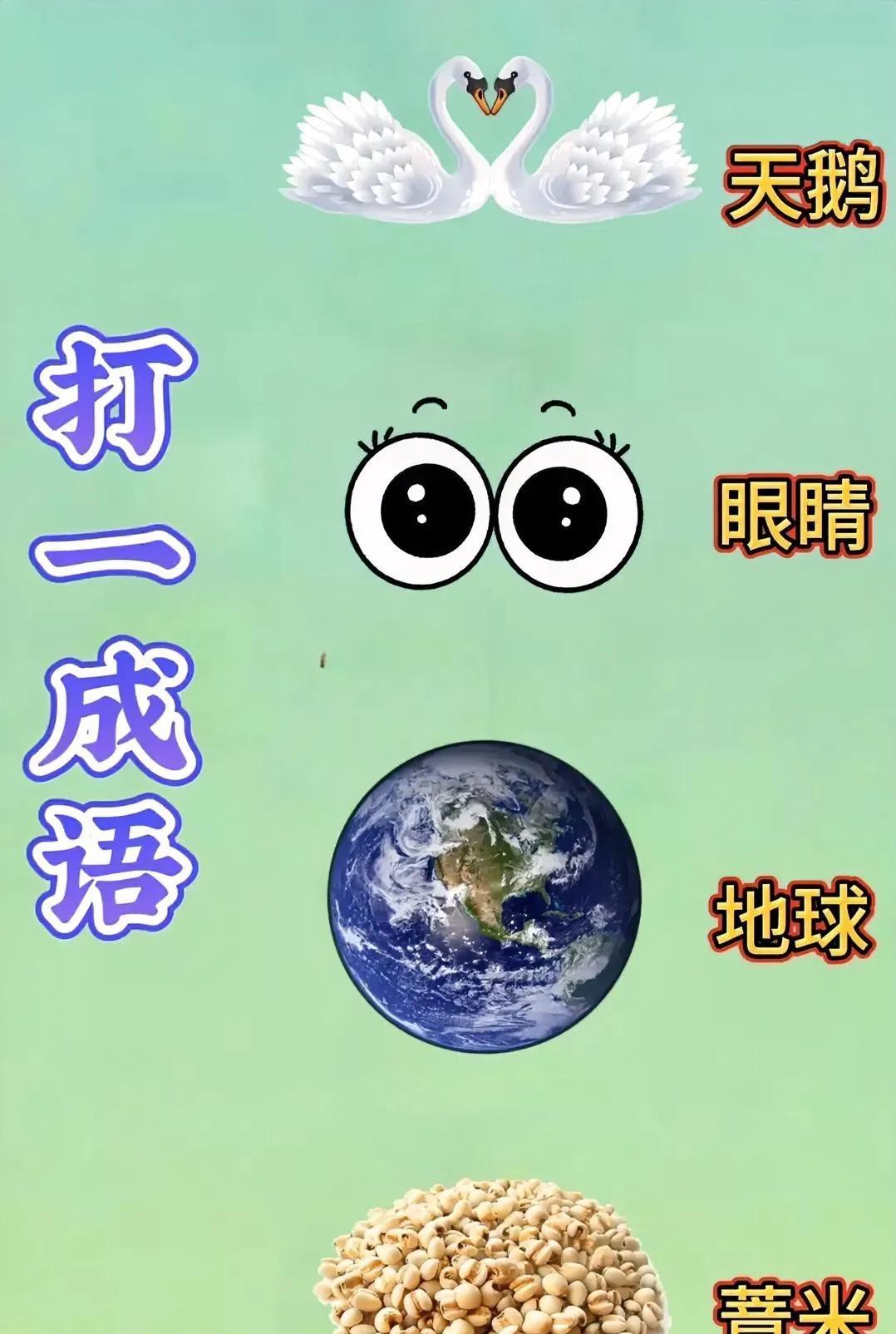 脑洞大开！天鹅、眼睛、地球、薏米齐聚，快来猜猜这是啥成语 ！评论区等你分享答案，