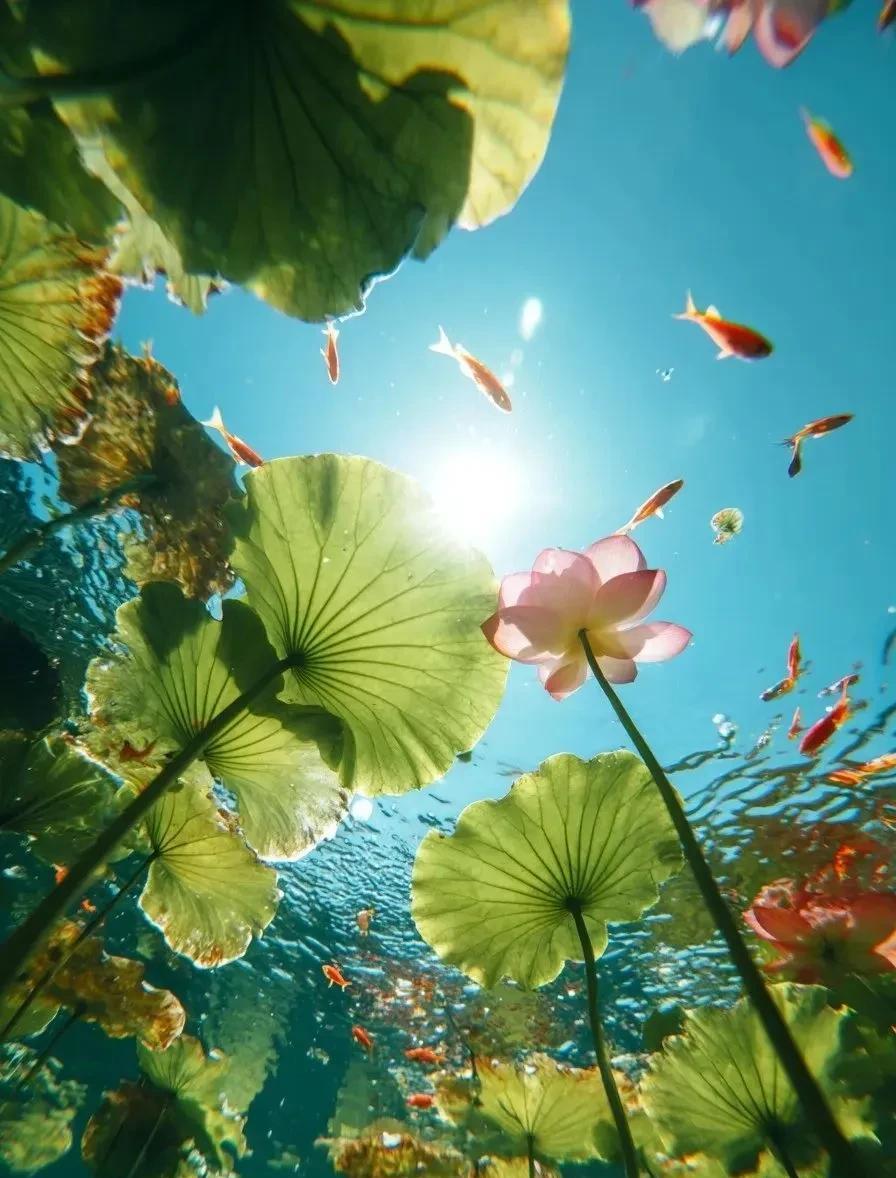 《七律·暑日观荷》
炎光灼地气氤氲，幸有澄波浣赤云。
擎翠千重遮鹭影，摇红万点濯