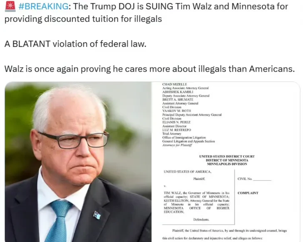 美国司法部起诉蒂姆·沃尔兹和明尼苏达州，因为他们为非法移民提供学费折扣。

这是