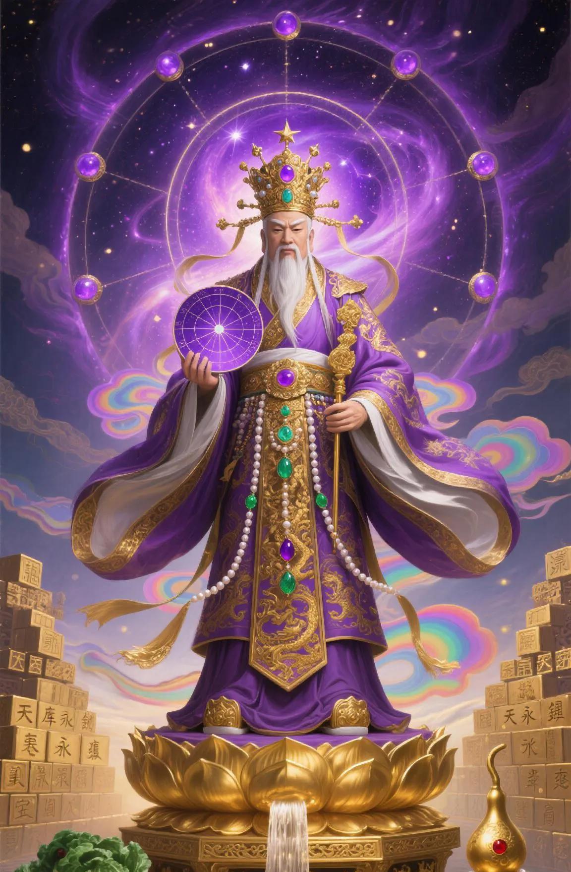 大帝威名传四方，紫微高照绽祥光。剑眉星目含智慧，长须飘飘韵悠长。
七星光轮身后耀