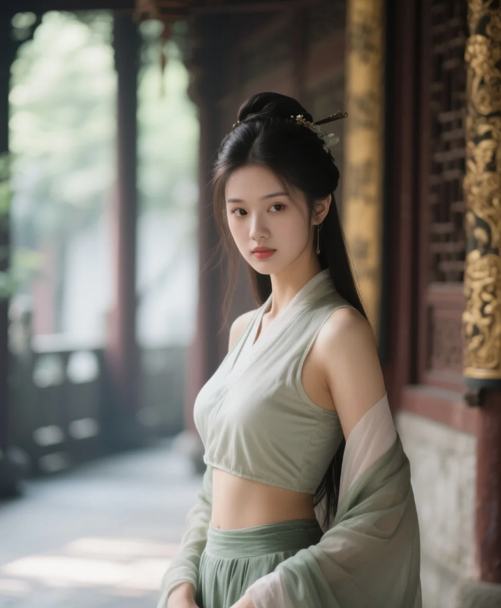 古寺钟声悠悠，她漫步于回廊，裙摆拂过青苔石阶