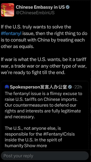 3月4日，中国驻美大使馆在推特上发推，就美国以芬太尼问题为借口加征关税一事，表明