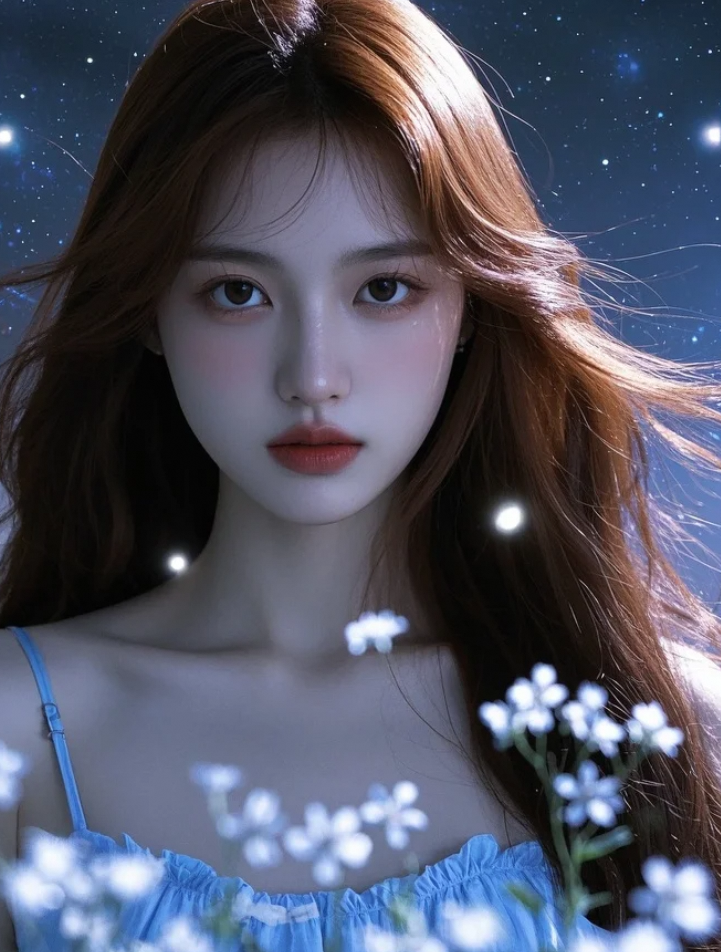 她的身影与星空融为一体，构成一幅绝美的画面。