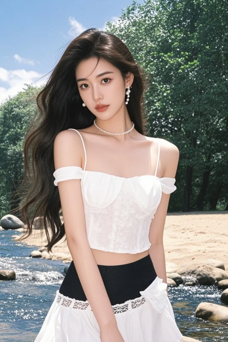 溪边小憩，发丝轻扬如柳丝