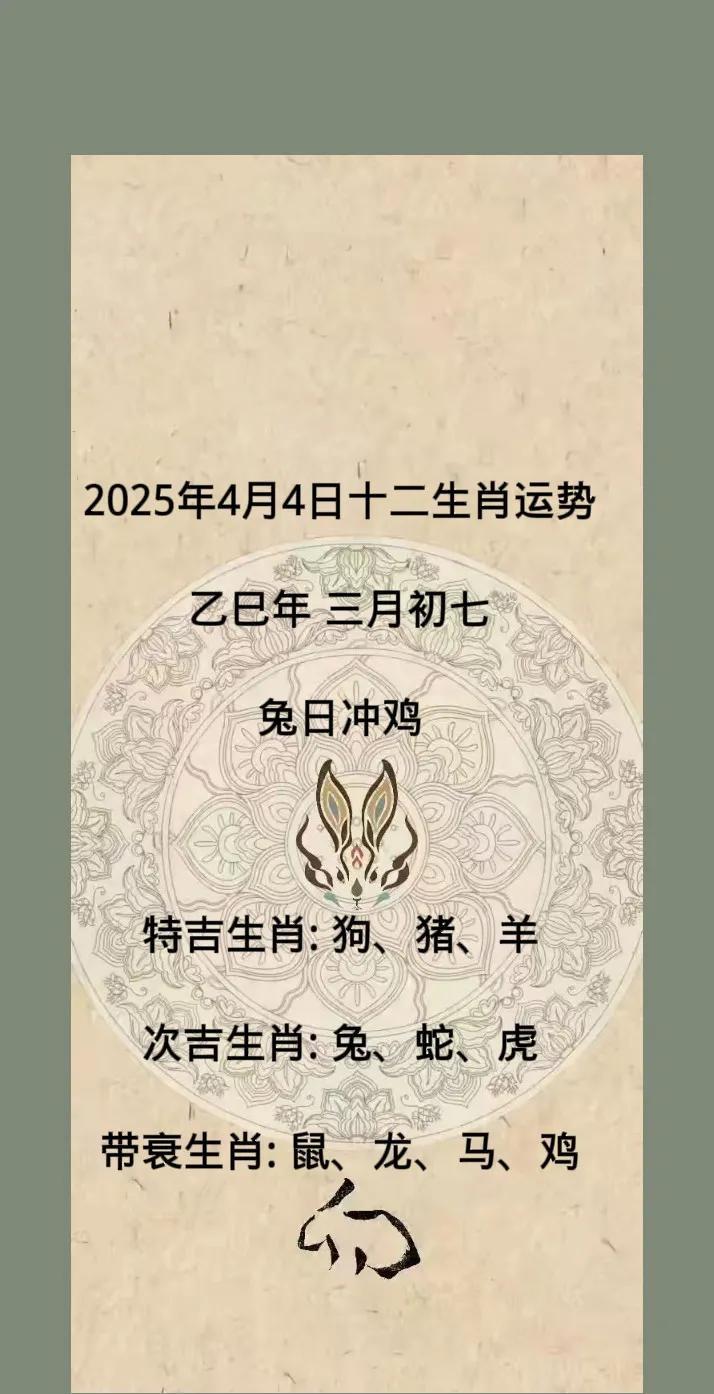2025年4月4日十二生肖运势
乙巳年 三月初七
兔日冲鸡
特吉生肖: 狗、猪、