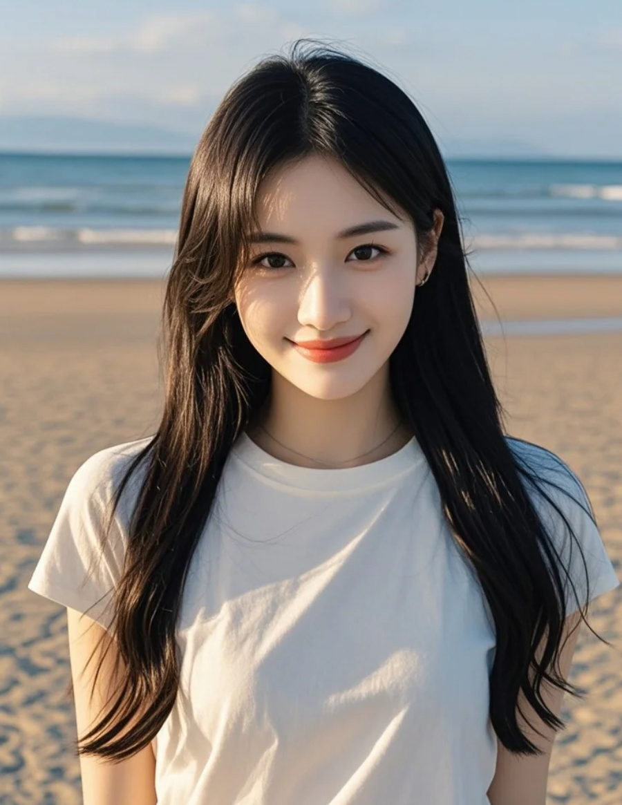 沙滩之上，她身着素雅T恤，长发随晚风轻扬，笑容如晨曦般温柔动人
