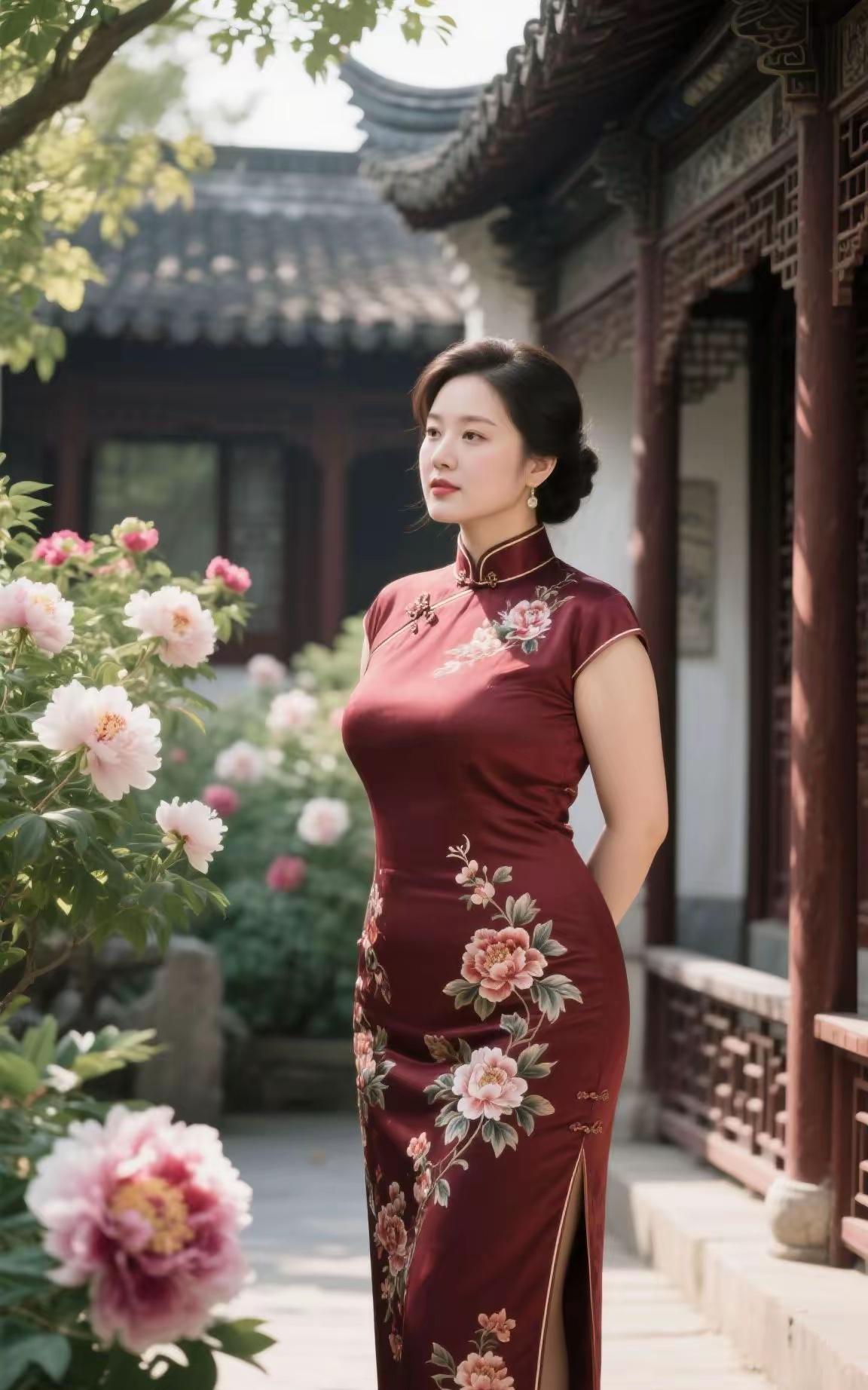 《牡丹旗袍秀》
在岁月的回廊，光影交错，
牡丹绽放在旗袍的脉络。
那一抹深红，如