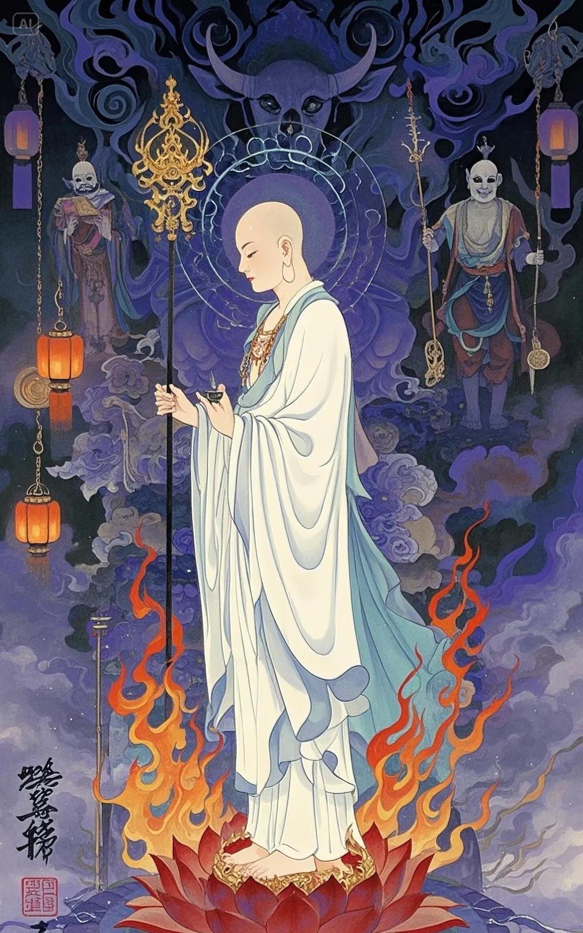 地藏菩萨在《地藏菩萨本愿经》中受释迦牟尼佛重托，于佛灭度后、弥勒佛出世前的无佛时