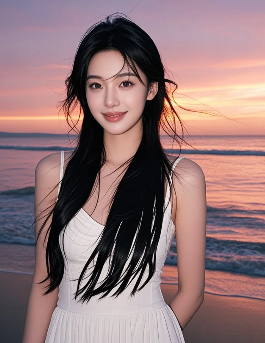 夕阳余晖里，她长发如云，笑容纯净，美得不食人间烟火