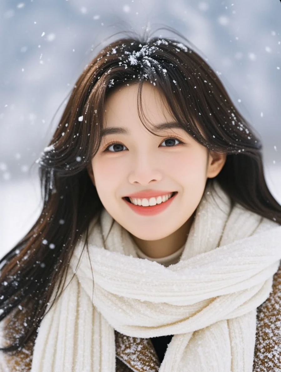 她在雪中轻轻一笑，仿佛世界都为她静止。