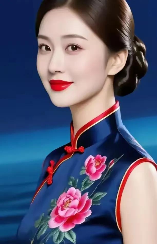 观旗袍美人
藏青红缀牡丹裁，
盘扣如锚髻作台。
唇似晚霞凝暮色，
明眸惹得浪徘徊