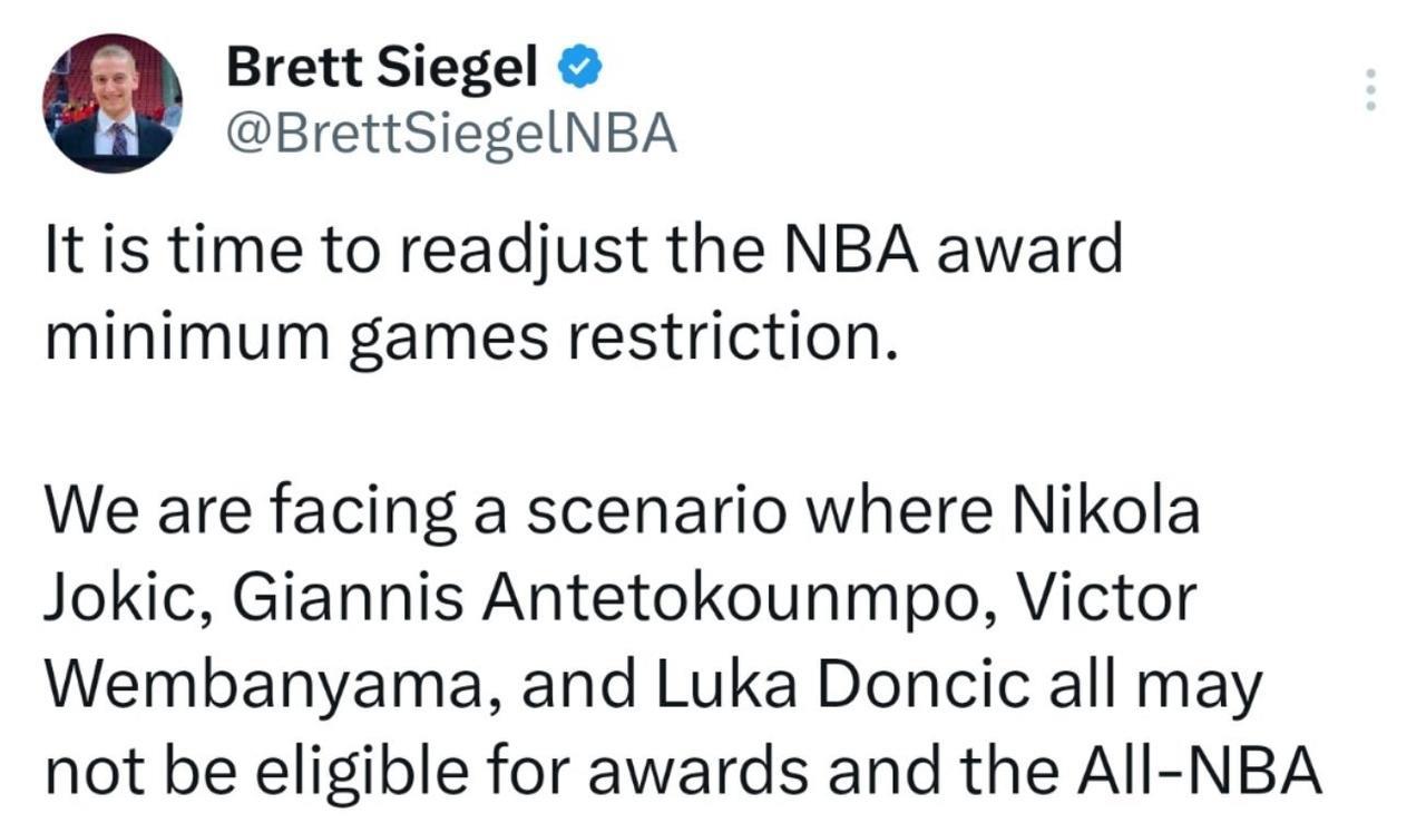 Brett Siegel: 联盟是时候该调整NBA奖项评选的最低出场场次限制了。
