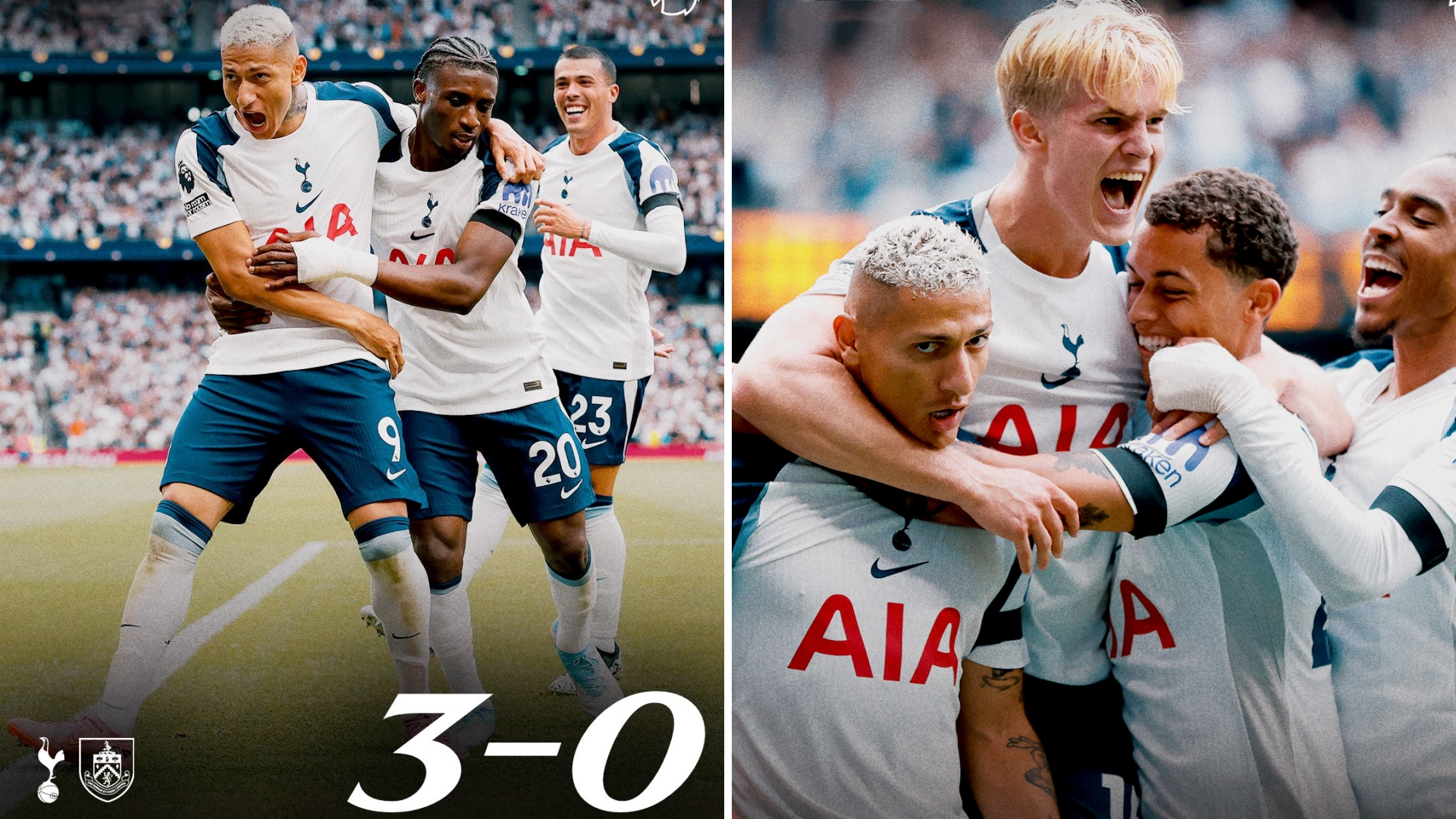 英超：热刺主场3-0大胜伯恩利，拿下新赛季首胜。
理查利森倒钩+双响，新援库杜斯