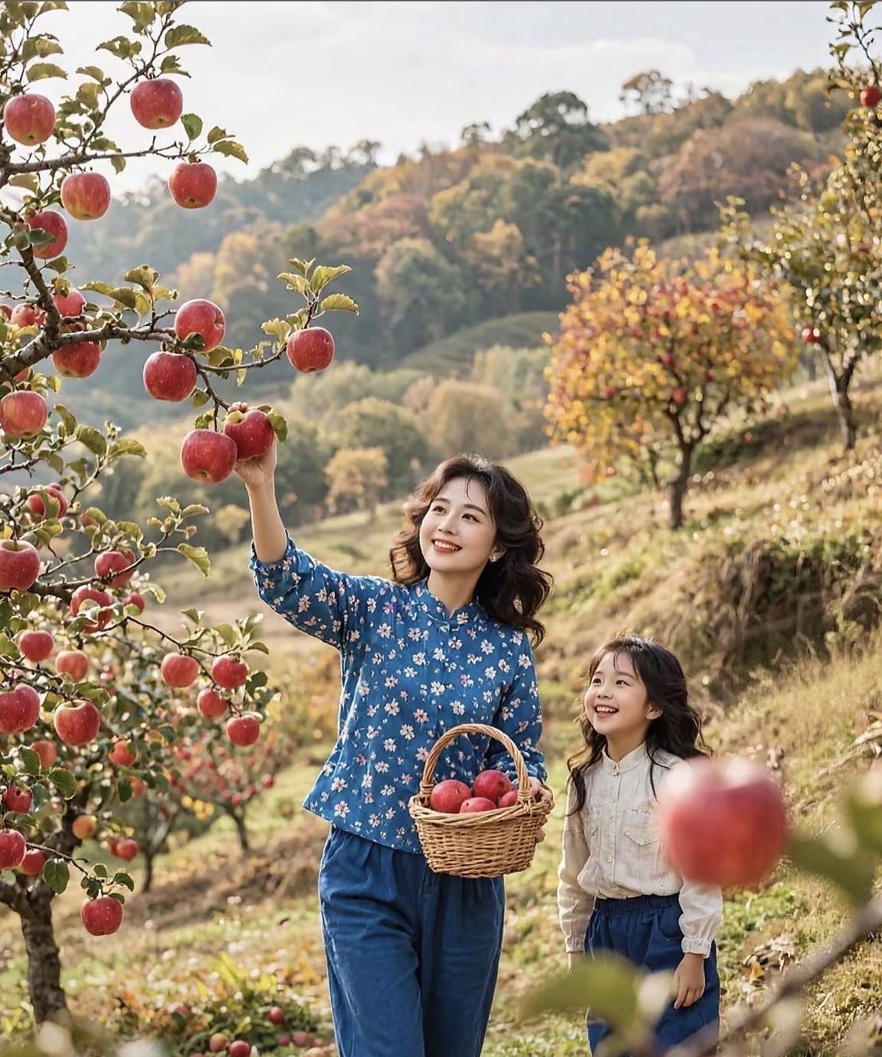 《苹果熟了》
苹果枝头红胜火，
母女果园采收乐。
筐满果香秋意闹，
一口脆甜心也