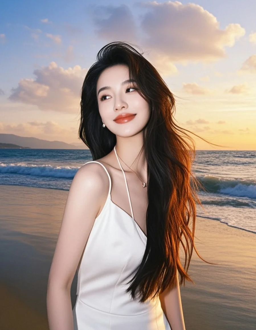 海风梳弄长发，裙摆轻扬如帆