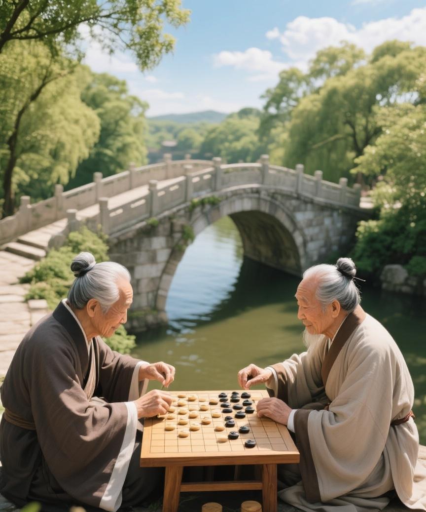 #AI妙生图#石桥下，碧水旁，两位老者对弈，棋子落处，似悟人生沉浮与宁静。