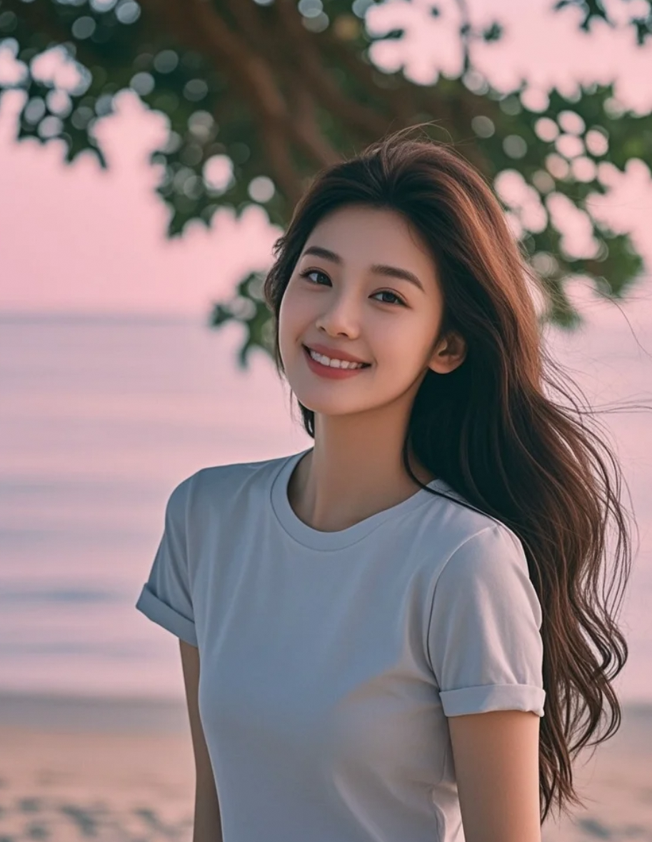 沙滩上的她，长发如瀑，T恤轻扬，笑容温暖如初阳