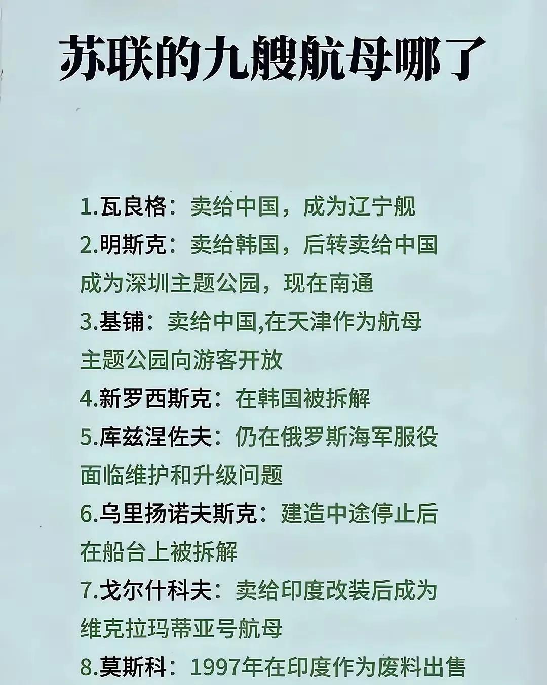苏联时代，拥有的九艘航母去向
有三艘，却落在了中国这里
分别是
瓦良格
明斯克